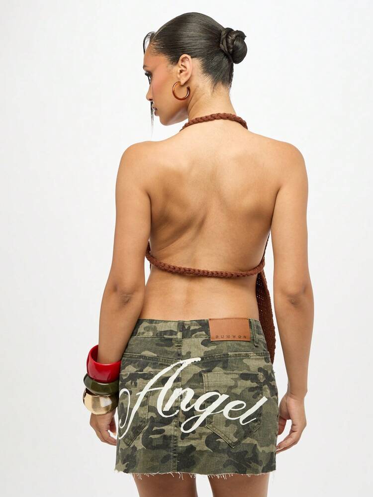 SUMWON WOMEN Crochet Halter Neck Top With Front Tie Detail