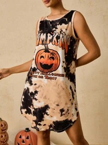 SHEIN VCAY Váy không tay in hình bí ngô và ma cà rồng nhuộm màu cam và đen cỡ lớn cho lễ Halloween, trang phục Halloween, váy nhuộm màu thu, cho tiệc Halloween - màu nâu - Xem 5