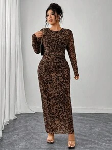 SHEIN Tall CURVE Elegant Fitted Bestselling Fashionable Leopard Print Fabric Long Sleeve Dress, Coffee Color, Plus Size, Spring/Summer/Autumn Fall Cloth For Women - Coffee Brown - View 5