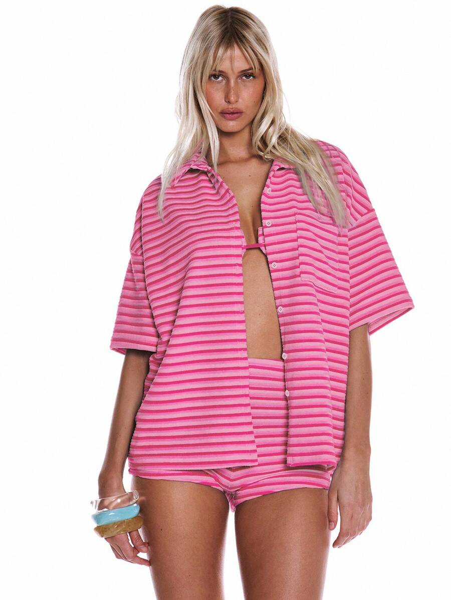 MUSERA 丝绒条纹宽松短袖纽扣衬衫，春夏度假海滩可爱假日伊比沙岛音乐节假日 - 粉色 - 查看 1
