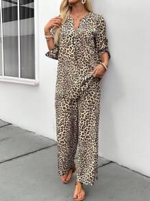 EMERY ROSE 夏季女士豹纹衬衫和裤子两件套 - 棕色 - 查看 6