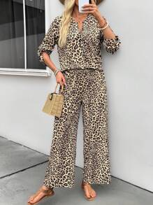 EMERY ROSE 夏季女士豹纹衬衫和裤子两件套 - 棕色 - 查看 9