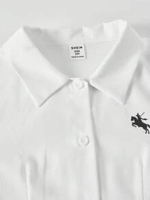 SHEIN 青少年女孩休閒印花鈕扣領長袖修身襯衫，春秋款 - 白色 - 查看 5