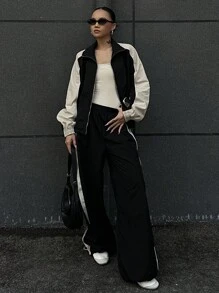 DAZY 女士秋季撞色拼接外套和裤子两件套，秋季女装家居服套装 - 黑色 - 查看 4