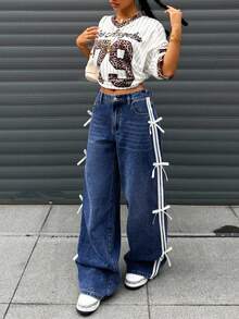 Teen Girl Contrast Striped Bow Decor Wide Leg Jeans - Dark Wash - View 4