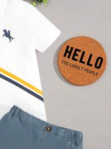 SHEIN Tween Boys' Casual & Comfortable Equestrian Print Polo Shirt And Shorts Set - Blue - View 4