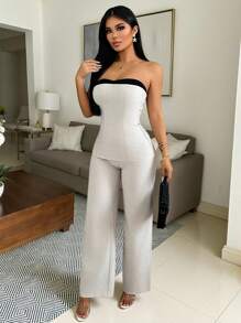 Chiquease 2 件套女士套装杏灰色吊带背心式上衣，背部有褶饰，搭配直筒裤 - 彩色 - 查看 3