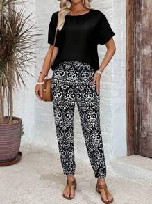 EMERY ROSE 2 件套女士节日纯色圆领短袖上衣和全身印花裤套装