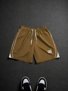 PAVTROS 男士夏季休闲拼色字母印花短裤 - 咖啡棕 - 查看 3