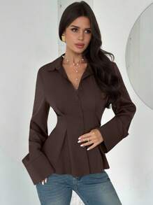Firerie Áo sơ mi nữ dài tay màu nâu, kiểu dáng thanh lịch, thắt eo, thích hợp cho đi làm hàng ngày, đàm phán kinh doanh, đồng phục công sở, áo giáo viên/áo nữ mùa thu/áo mùa thu/áo đi học/áo nữ mùa tựu trường/áo giáo viên/áo đi chơi/áo công sở thường ngày. - màu nâu - Xem 7