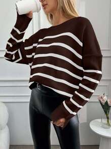 EURMUSE Women's Striped Loose Fit Dropped Shoulder Long Sleeve Casual Sweater,Jumper,Cream Jumper,Jumpers,Black Jumper,Womens Jumper,White Jumper,Women's Jumper,Women's Jumpers,Winter Clothes - Brown - View 4