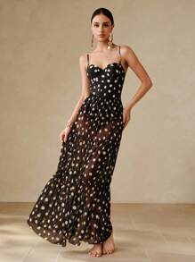 Swim Oasis 全新性感紧身黑白波尔卡圆点印花细肩带聚拢钢圈连体衣，度假海滩短款上衣和短裙两件套 - 黑與白 - 查看 1