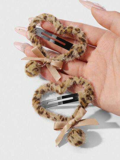 Grunge Punk 2pcs Y2K Retro Chic Furry Ball Ribbon Bow Leopard Print Heart Hair Clips Set, Suitable For Women/Girls Daily Wear, Holiday Gift