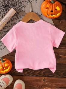 SHEIN Young Girl Ghost Print Round Neck Short Sleeve Casual T-Shirt, Summer Wednesday Addams Halloween,Graphic Tees,Winter Clothes,Autumn Halloween