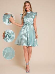 Amorya 女士新款时尚优雅束腰高端褶皱缎面提花中长连衣裙，适合度假、日常穿着、约会、下午茶和各种场合 - 藍色 - 查看 2