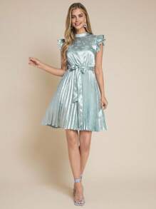 Amorya 女士新款时尚优雅束腰高端褶皱缎面提花中长连衣裙，适合度假、日常穿着、约会、下午茶和各种场合 - 藍色 - 查看 6