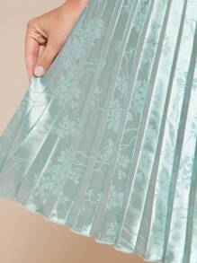 Amorya 女士新款时尚优雅束腰高端褶皱缎面提花中长连衣裙，适合度假、日常穿着、约会、下午茶和各种场合 - 藍色 - 查看 7