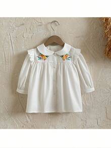 Loomiva Young Girl Floral Print Round Neck 3/4 Sleeve Open Front Blouse, Versatile & Comfortable Fall Winter - White - View 5