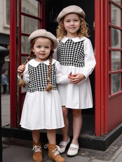 SHEIN Young Girl Casual Simple Comfortable Mock Collar Mixed Pattern 2 In 1 Dress Suitable For Daily Leisure, Going To School, Returning To School, And School Attire.  Photo Shoots, Daily Wear, School