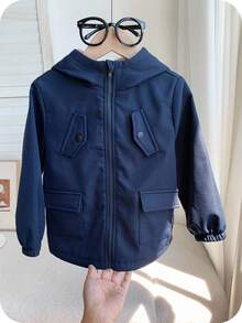 SHEIN 男童海军蓝拉绒休闲厚垫连帽夹克，适合返校、秋冬季穿着 - 藏蓝色 - 查看 8