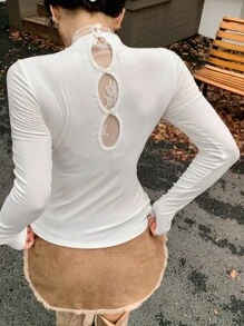 DAZY Women's Lace Patchwork Hollow Out Turtleneck Long Sleeve T-Shirt, Sexy Slim Fit Layering Top For Autumn & Winter,Fall Women Clothes - Beige - View 8