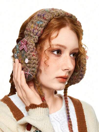 Kawaii 1 pezzo Paraorecchie fatti a mano a maglia, caldi, in stile campagnolo, con decorazioni a fiocco e stella, adatti per uso quotidiano