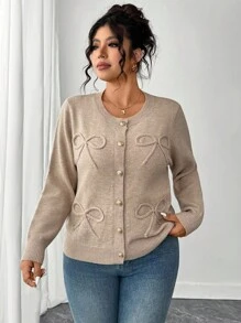 Elenzga Áo len cardigan thanh lịch thường ngày cỡ lớn có nơ cho nữ - Màu Khaki - Xem 1