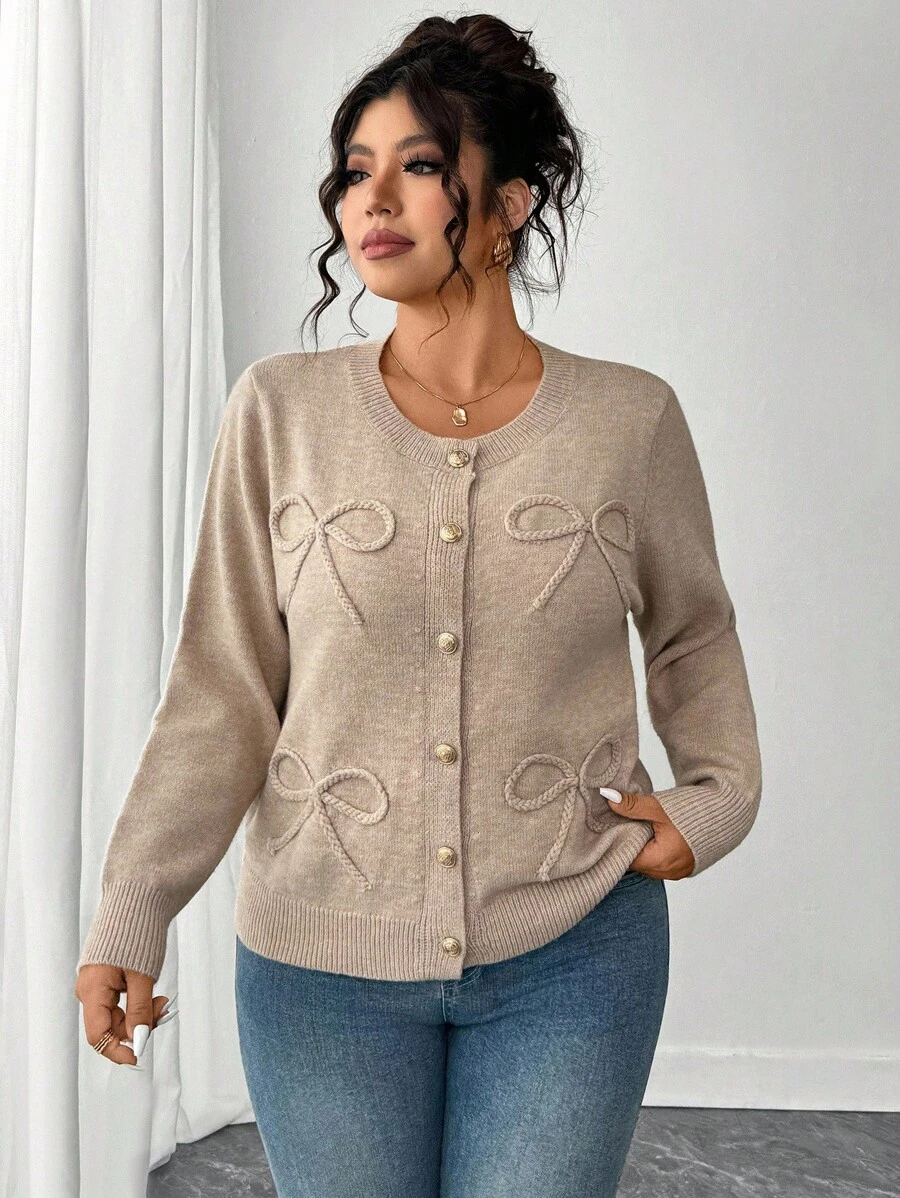 Elenzga Áo len cardigan thanh lịch thường ngày cỡ lớn có nơ cho nữ - Màu Khaki - Xem 1