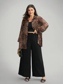 Comfylo Flowy Sheer Leopard Print Plus Size 2 Pieces Set: Blouse And Wide Leg Pants Plus Size Pants Set Animal Print Plus Size Cheetah Print Outfit Women Chic Winter Winter Party Fall Halloween Christmas