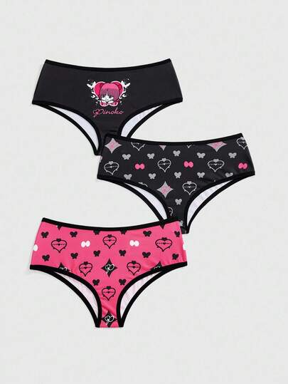 Black Jack X ROMWE 3pcs/Set Black Heart & Cartoon Figure Graphic Women's Briefs Panties