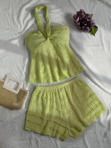 Lunelith SHEIN Lunessa Women's Solid Color Halter Top And Shorts 2 Pieces Set