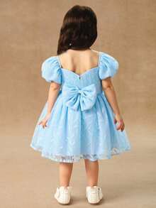 Glamorique Kids Baby Girls Light Blue Floral Summer Elegant Flower Girl Puff Sleeve Bow Embroidery Mesh Tulle Princess Dress,Wedding Party 1st Birthday Puffy Dress - Blue - View 1
