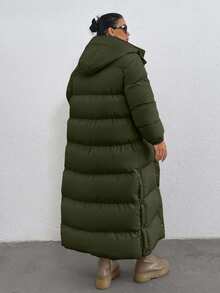 EURMUSE Keep Warm Feature, Maxi Lenght, Side Popper Detailed Puffer Winter Coat - Army Green - View 2