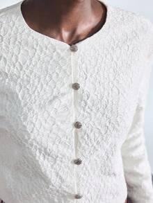 Maija White Elegant Tea Party Autumn Women's Apricot Knitted Textured Round Neck Long Sleeve Cardigan Jacket,Short Modern Urban Button Up Knit Fall Clothes - Apricot - View 2