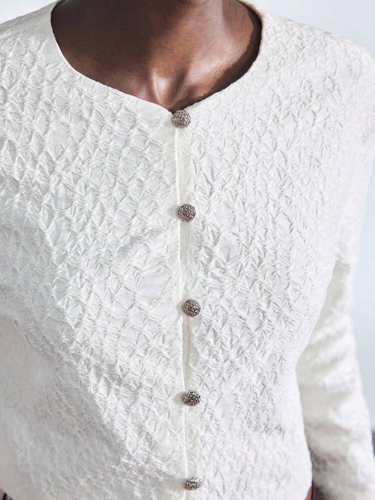 SHEIN Maija Chaqueta de cárdigan de manga larga de cuello redondo con textura de punto color albaricoque para mujer, estilo corto, urbano moderno, cárdigan de mujer de otoño con botones, cárdigan de punto, cárdigan texturizado, Halloween