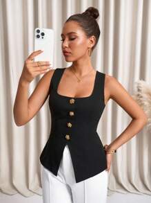 Lavishia Women's Square Neck Metal Flower Button Up Vest, Fashion Blouse Elegant Summer Outfits For Women Vacation Outfits Business Casual Woman Cute Summer