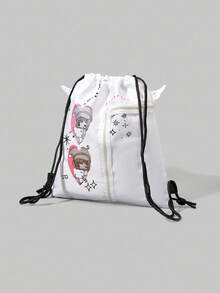 ROMWE Anime 可爱女孩背包，带有心形和星星印花，透明口袋，大容量，抽绳封口，双面设计，适合上学、通勤、休闲日常穿着