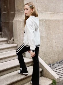 SHEIN Tween Girls Flocked Sweatshirt Two Pieces Set,Letter Print Hoodie & Flared Pants With Stripe Trim,Black And White,Autumn,Casual,School,Back-To-School - White - View 2