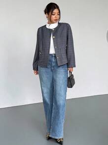 Firerie Plus Size Women's Simple Gray Collarless Commute Daily Minimalist French Elegant Jacket Winter Fall Autumn - Grey - View 8