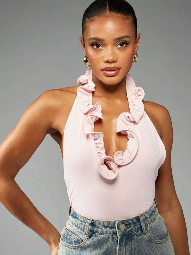 MISSGUIDED Elegant Halter Neck Bodysuit With Ruffle Trim Backless Design Evening Party Special Occasion Spring Summer Casual Form Fitting Light Weight Versatile Essential Bodysuit