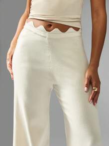 MISSGUIDED Knitted Wide Leg Pants With Scalloped Waistband Elegant Palazzo Lounge Wear Evening Fall Winter Bottoms Wave Design Contemporary Modern Design Casual - Apricot - View 7