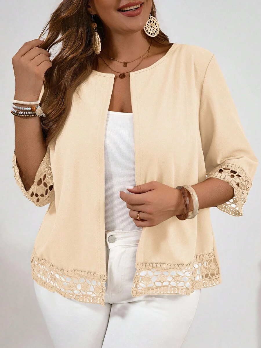 EMERY ROSE Plus Size Women Hollow Sleeve Solid Color Open Front Casual Lightweight Jacket Winter Fall Autumn - Apricot - View 1