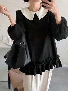 FRIFUL 女式黑色撞色翻领肩部褶皱宽松休闲下摆褶皱宽松休闲百搭衬衫，秋季长袖上衣