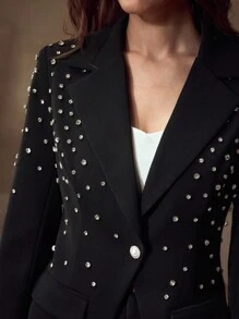 MOTF PREMIUM 女士秋季水钻装饰翻领优雅时尚西装外套 - 黑色 - 查看 2