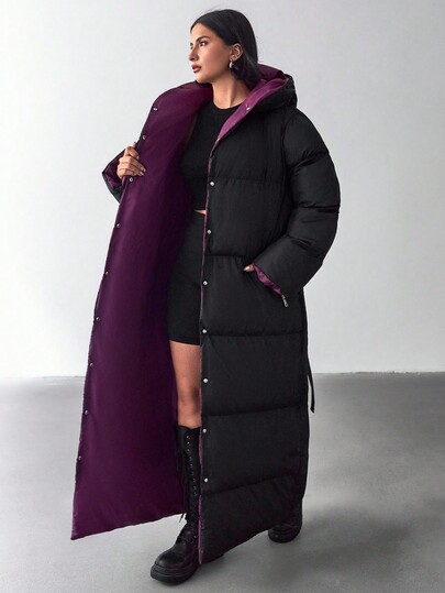 EURMUSE Women Solid Color Pocket Detailed Long Winter Coats Long Padded Coat Women Long Hooded Padded Coat