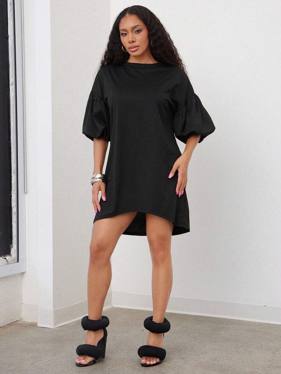 Vixey 净色针织泡泡袖后背拉链衬衫裙 - 黑色 - 查看 1