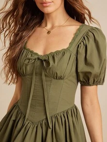 WESTFADE Đầm ngắn tay bồng xòe kiểu corset, cổ tròn, cổ tim, tay phồng, 100% cotton, dáng ôm, xòe, dáng ôm, phong cách dạ hội đồng quê, mặc khi đi học trở lại - Màu xanh Ô liu - Xem 3