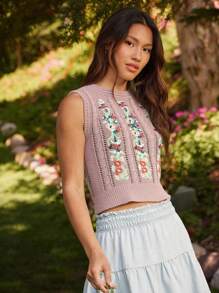 WESTFADE Mixed Stitch Crewneck Relaxed Fit Country Western Floral Embroidered Cable Knit Sweater Vest Spring Summer Top - Pink - View 2