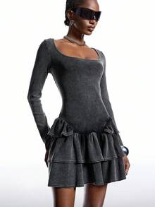 LYSMO 女式纯色方领长袖荷叶边下摆时尚迷你连衣裙