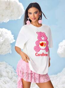 SHEIN X Care Bears Women's Letter & Cartoon Bear Embroidered Round Neck Short Sleeve T-Shirt - White - View 6